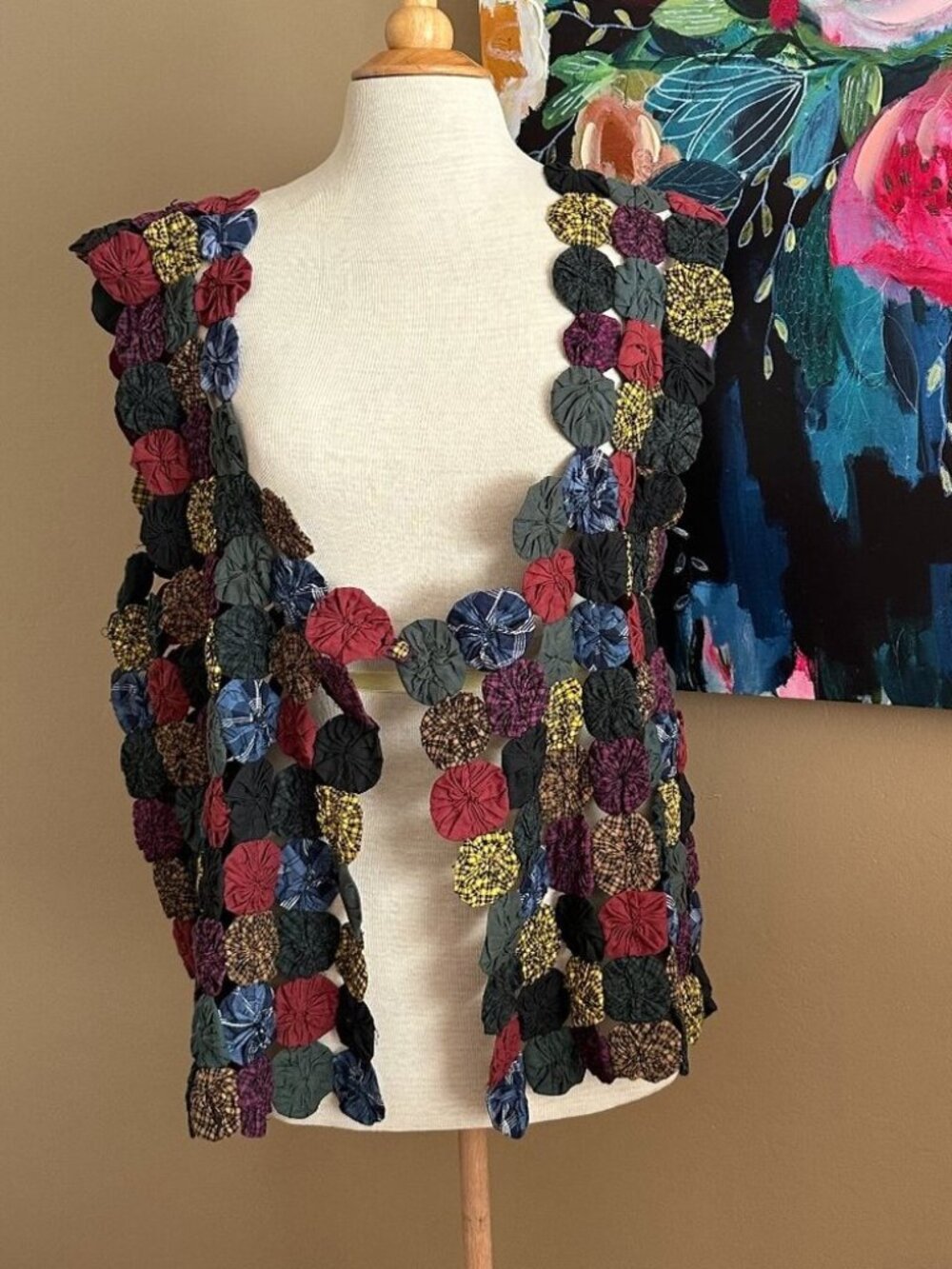 Notations Yo-Yo Patchwork Vest Multicolor Boho Wearable Art Statement